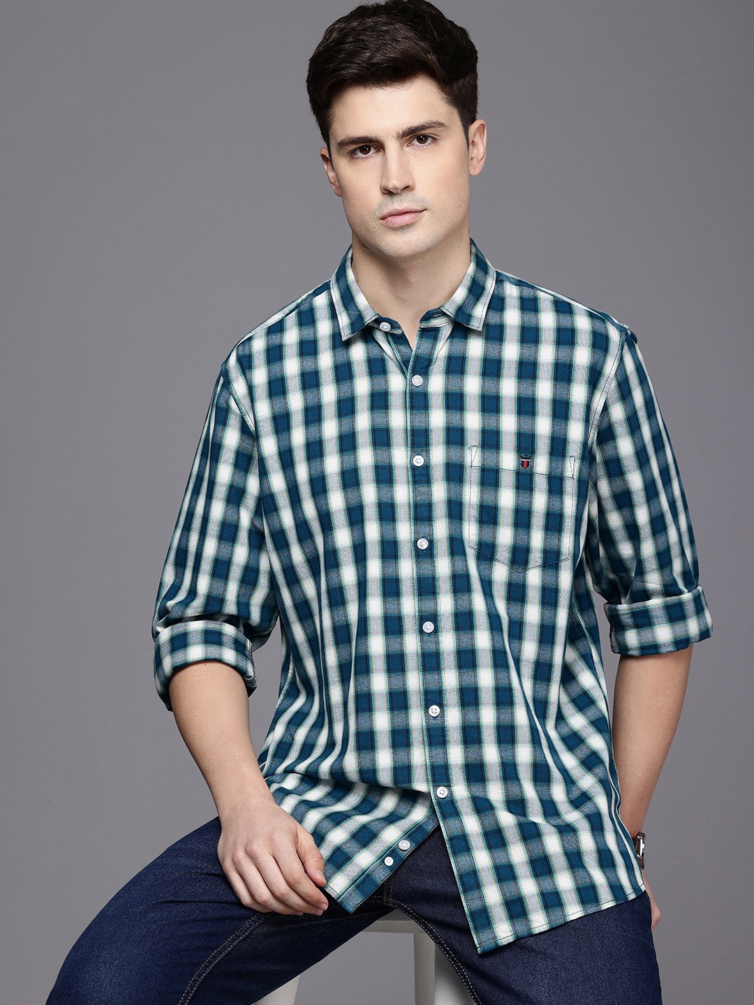 

Louis Philippe Jeans Pure Cotton Slim Fit Opaque Checked Casual Shirt, Navy blue