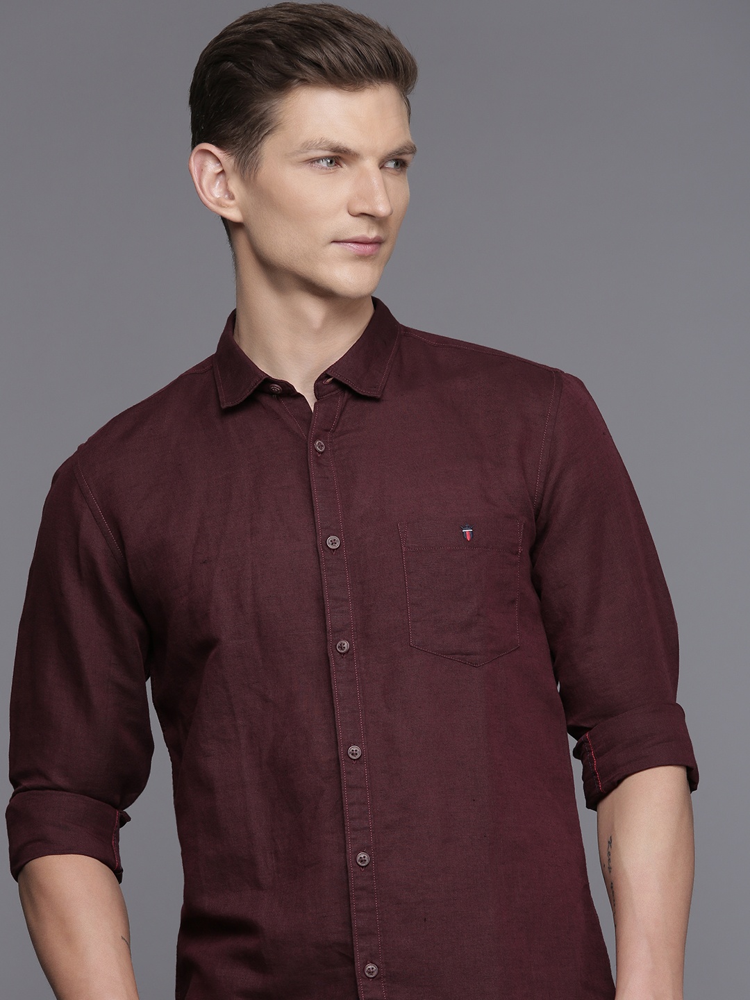 

Louis Philippe Jeans Men Super Slim Fit Pure Linen Casual Shirt, Burgundy