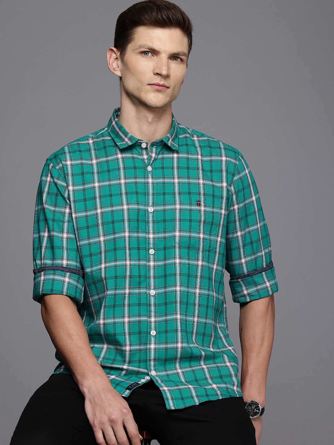 

Louis Philippe Jeans Pure Cotton Slim Fit Opaque Checked Casual Shirt, Teal