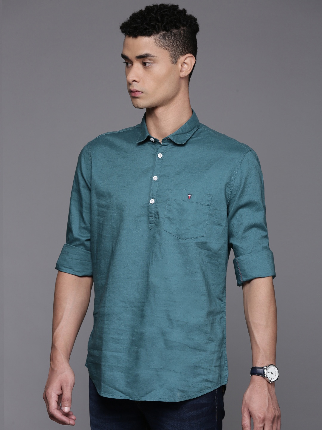 

Louis Philippe Jeans Cotton Linen Slim Fit Opaque Casual Shirt, Teal