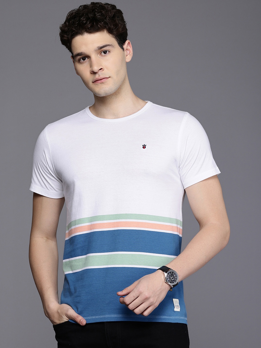 

Louis Philippe Jeans Striped Pure Cotton Slim Fit T-shirt, White