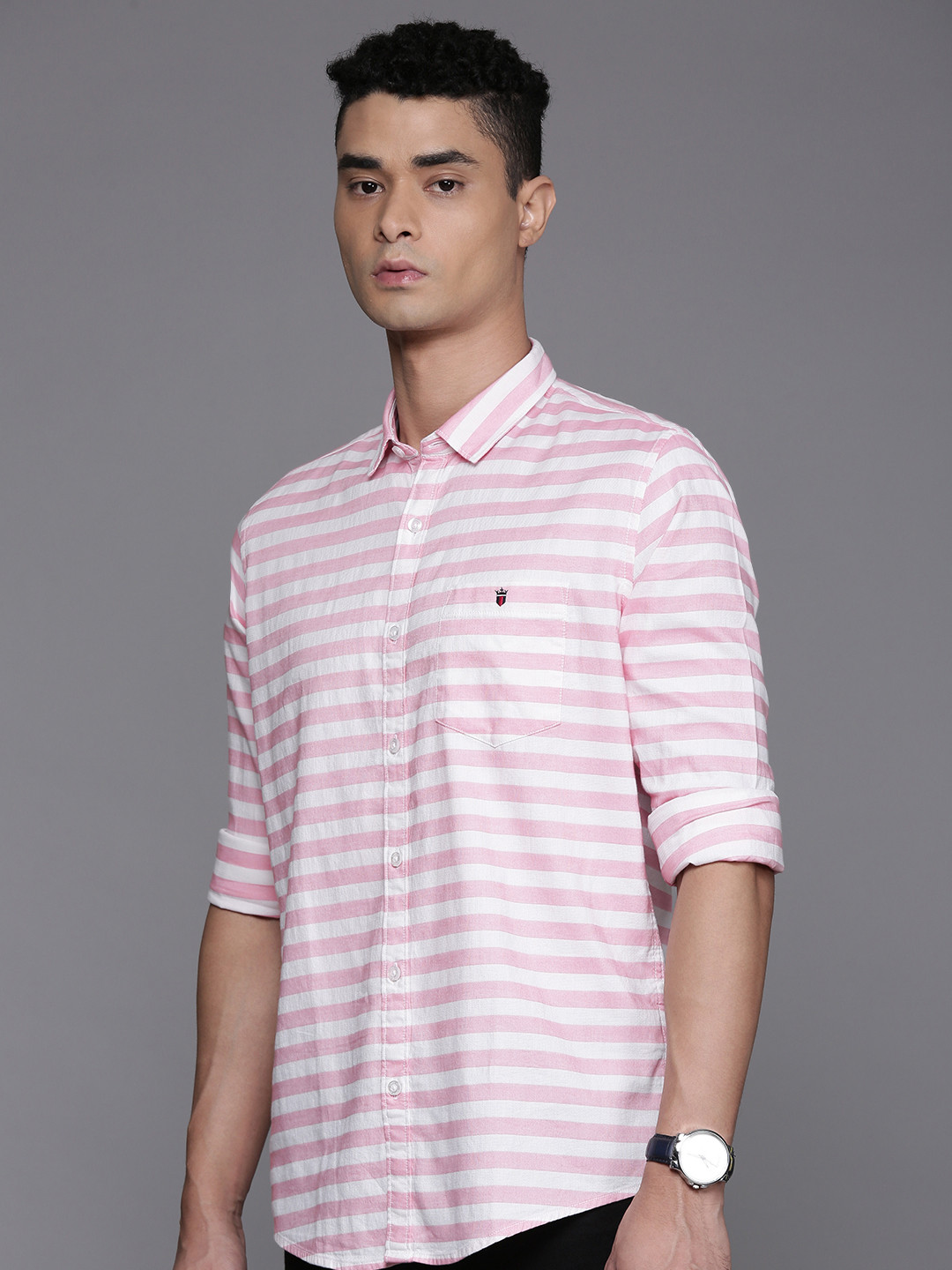 

Louis Philippe Jeans Slim Fit Horizontal Striped Opaque Casual Shirt, Pink