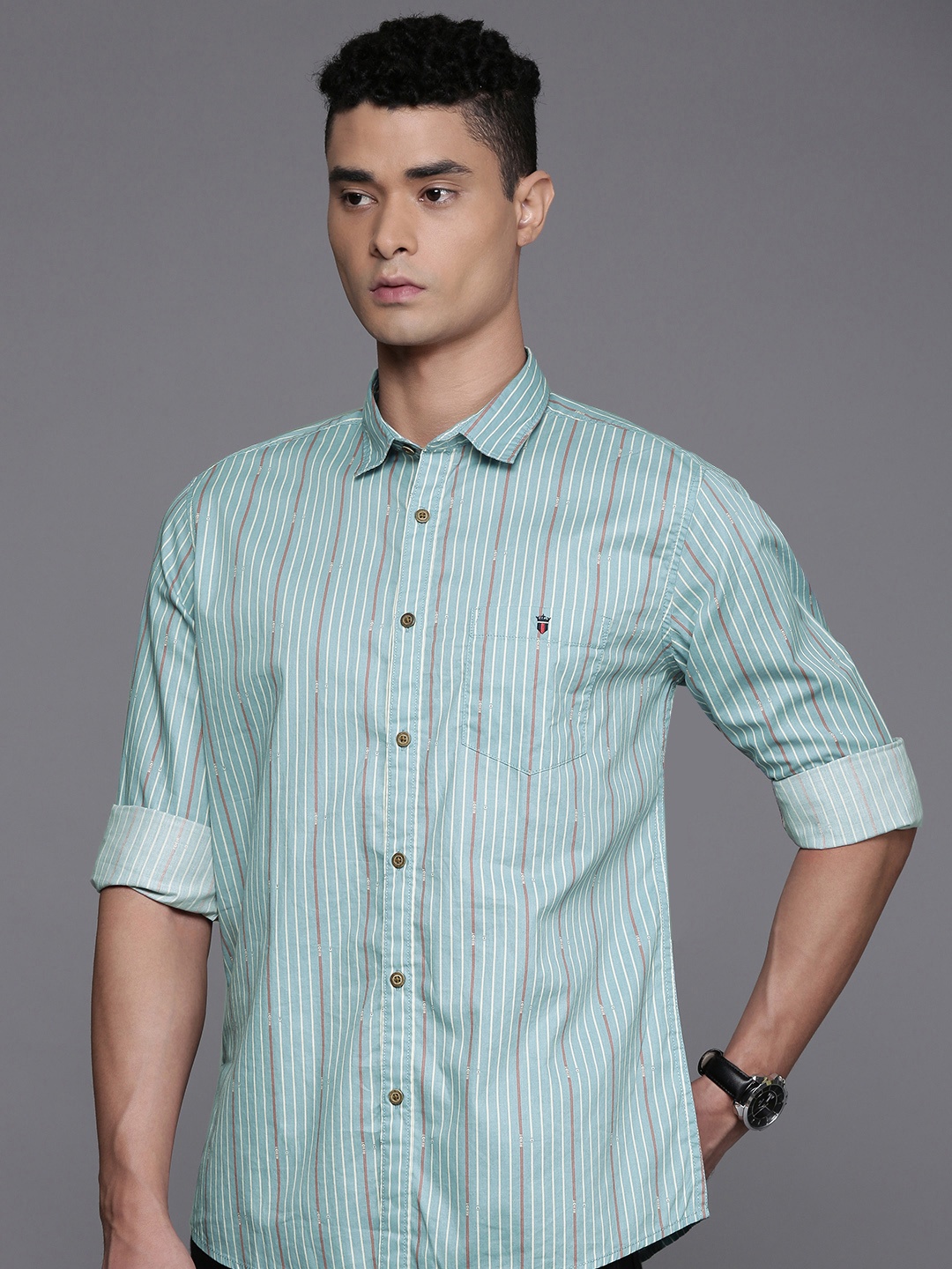 

Louis Philippe Jeans Pure Cotton Slim Fit Striped Casual Shirt, Turquoise blue