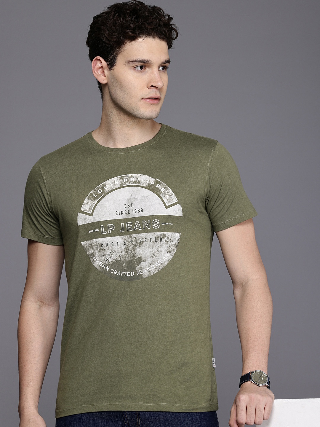 

Louis Philippe Jeans Graphic Printed Pure Cotton Slim Fit T-shirt, Olive