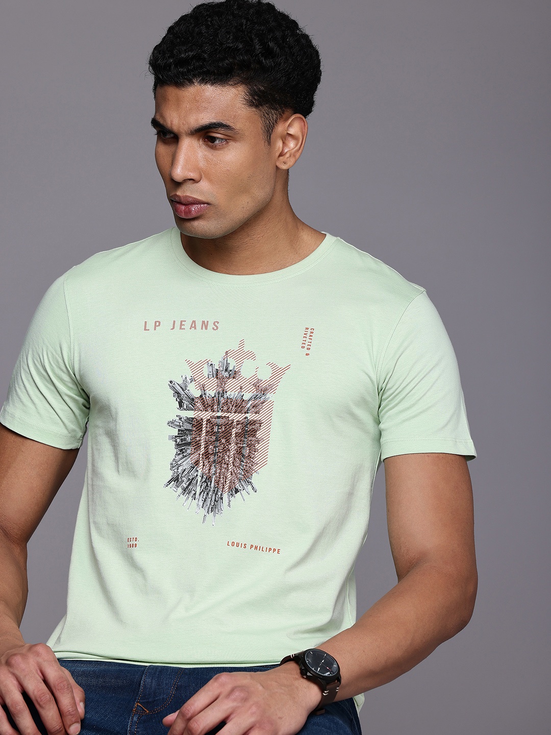 

Louis Philippe Jeans Printed Pure Cotton Slim Fit T-shirt, Green