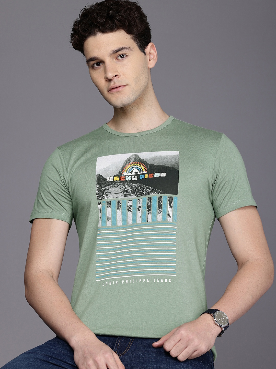 

Louis Philippe Jeans Printed Pure Cotton Slim Fit T-shirt, Green