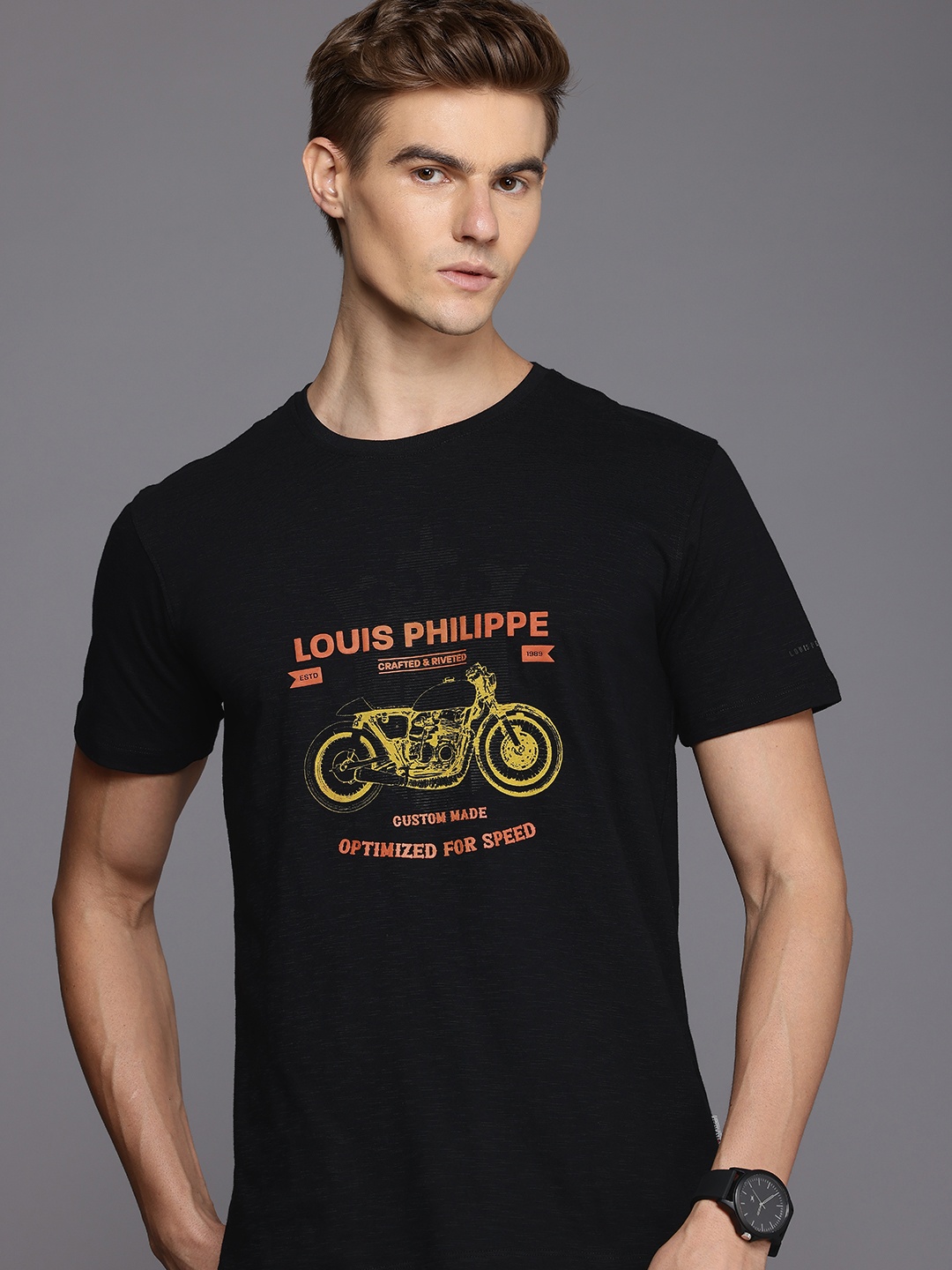 

Louis Philippe Jeans Typography Printed Pure Cotton Slim Fit T-shirt, Black