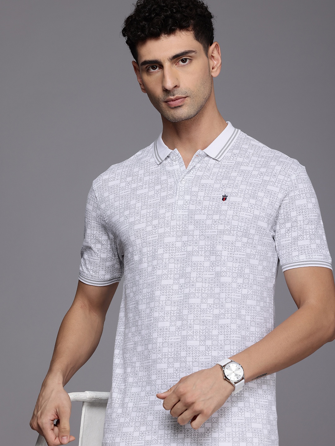 

Louis Philippe Jeans Men Printed Polo Collar Slim Fit Pure Cotton T-shirt, White