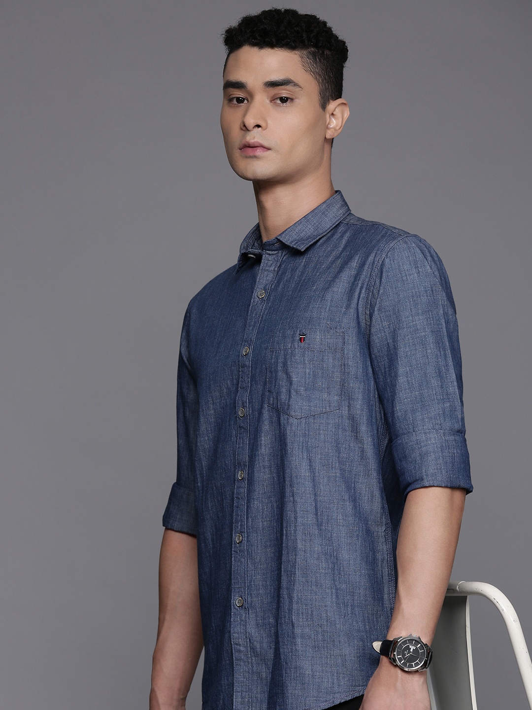 

Louis Philippe Jeans Super Slim Fit Chambray Pure Cotton Casual Shirt, Blue