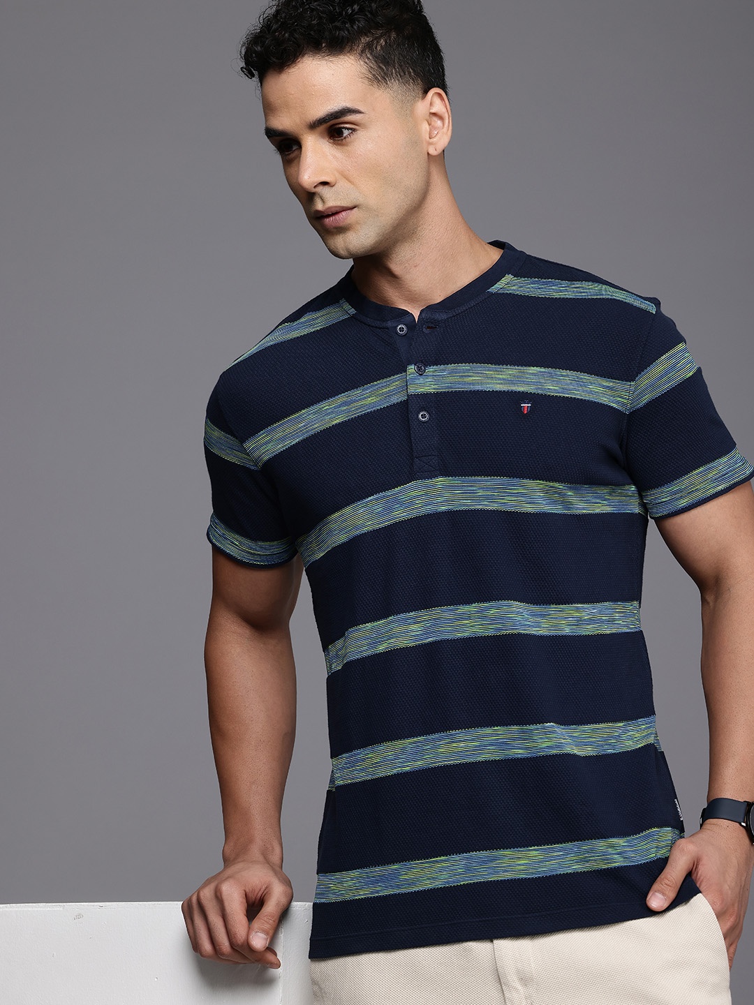 

Louis Philippe Jeans Striped Polo Collar Slim Fit T-shirt, Navy blue