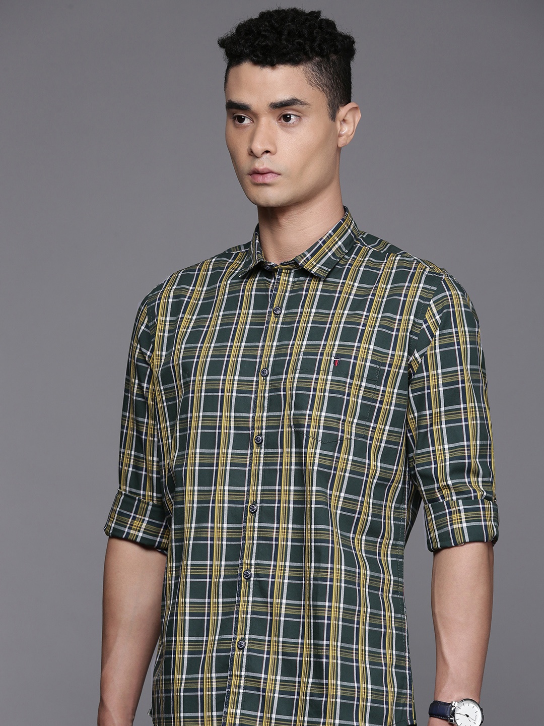 

Louis Philippe Jeans Super Slim Fit Tartan Checked Opaque Pure Cotton Casual Shirt, Green