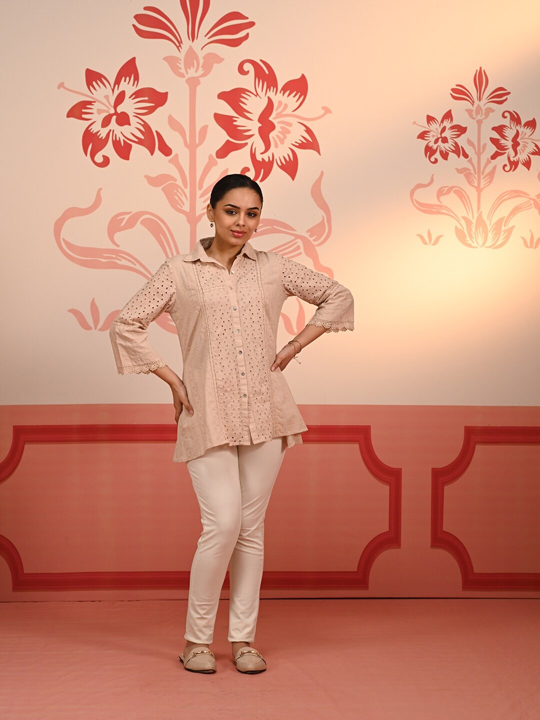 

Lakshita Mehreen Classic Self Design Embroidered Cotton Casual Shirt, Peach