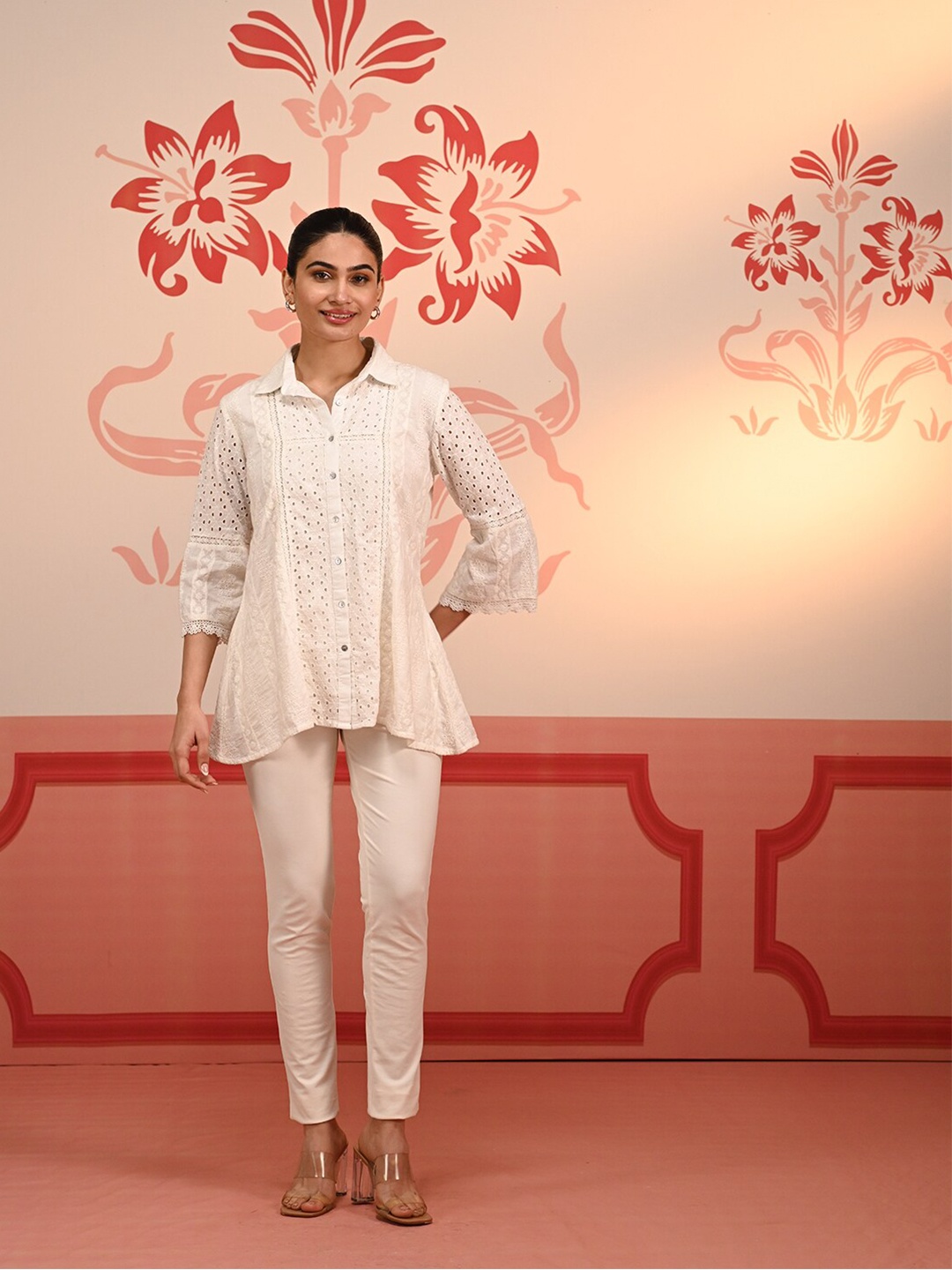 

Lakshita Mehreen Embroidered Schiffli Cotton Casual Shirt, Off white