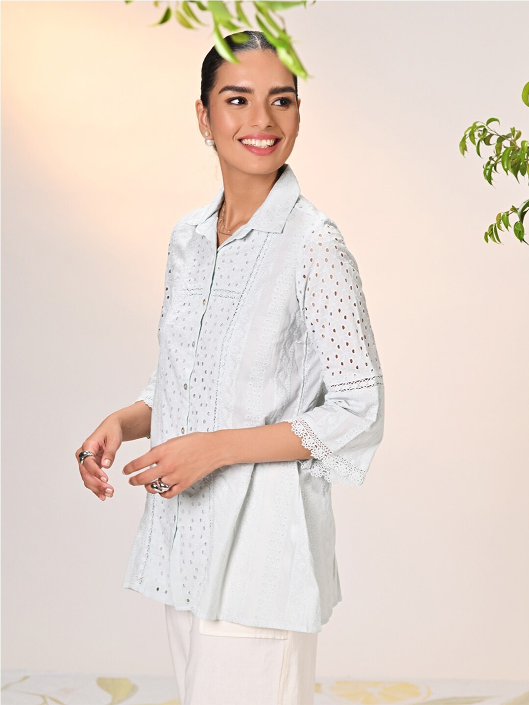 

Lakshita Mehreen Classic Floral Embroidered Schiffli Cotton Casual Shirt, Blue