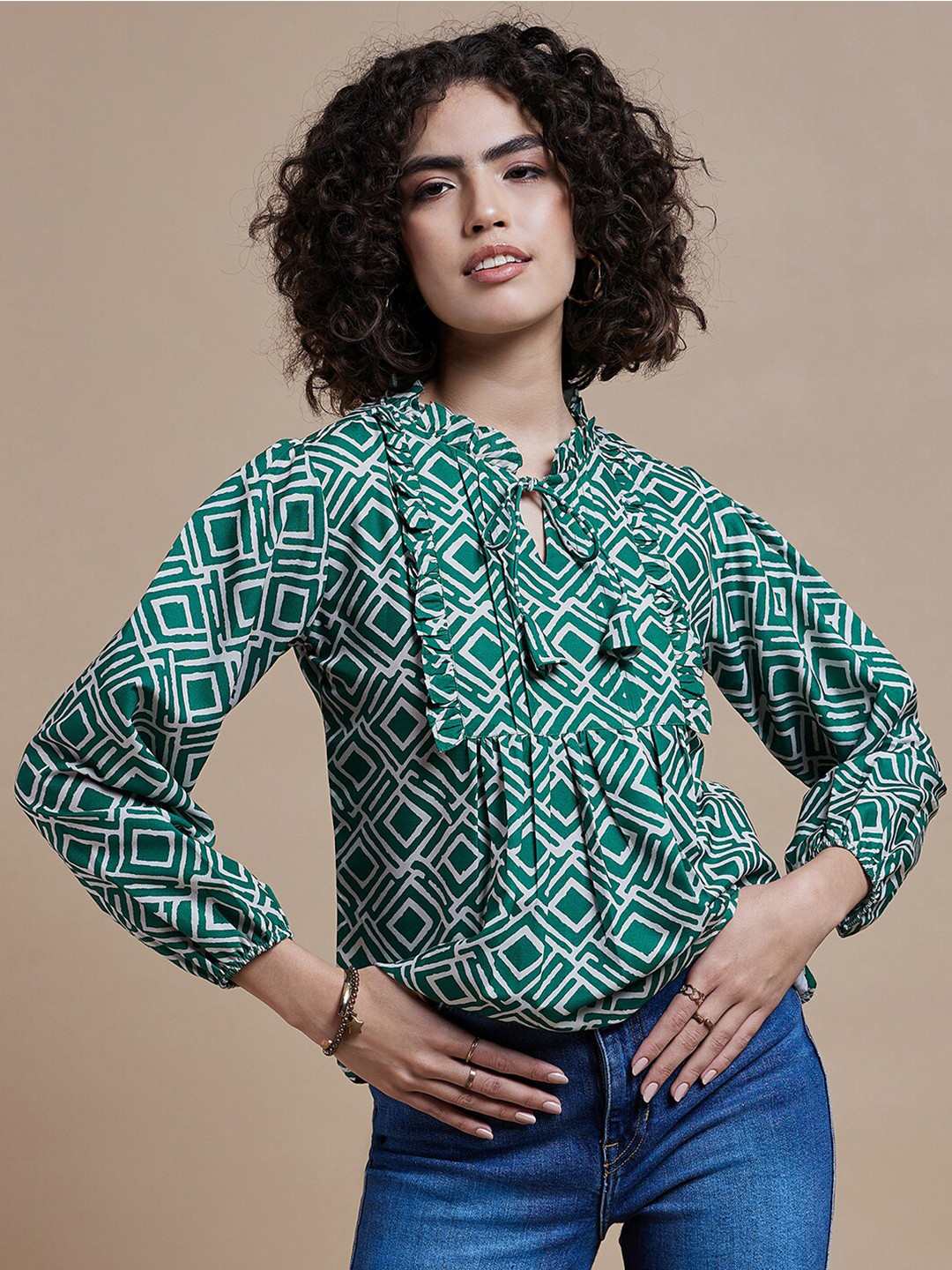 

The Roadster Lifestyle Co. Geometric Printed Tie-Up Neck Blouson Top, Green