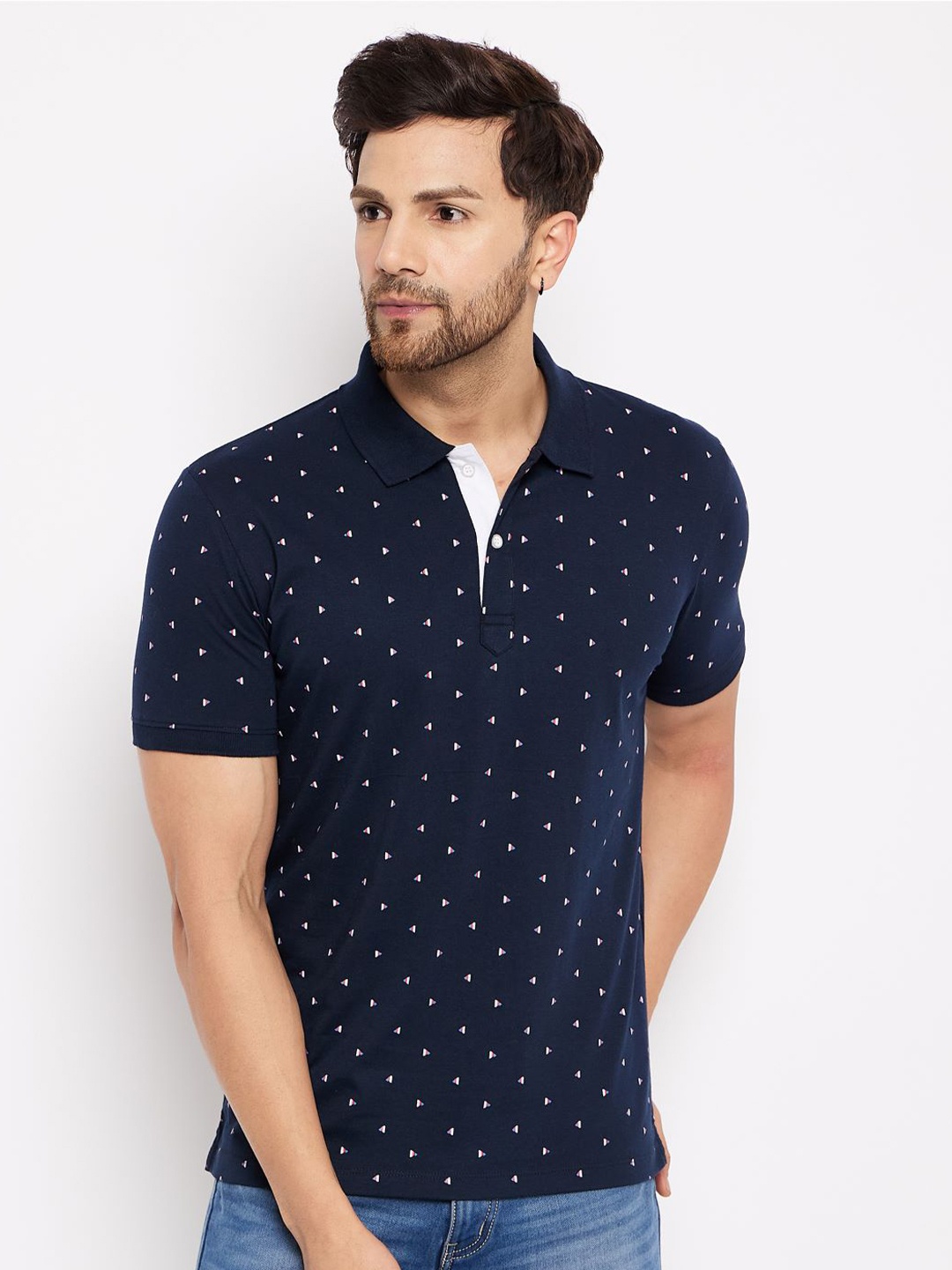 

WILD WEST Geometric Printed Polo Collar Cotton T-shirt, Navy blue