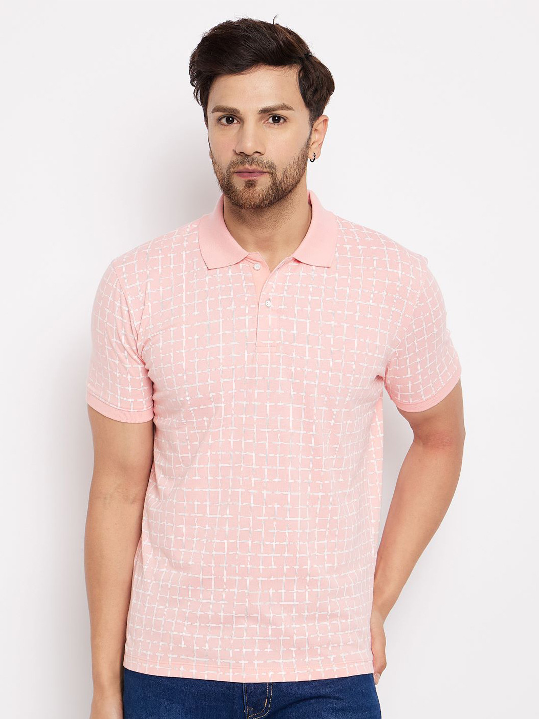 

WILD WEST Geometric Printed Polo Collar Cotton T-shirt, Pink
