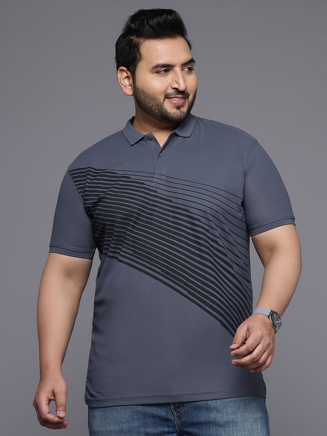 

Louis Philippe Ath.Work Plus Sized Slim Fit Striped Polo T-shirt, Grey