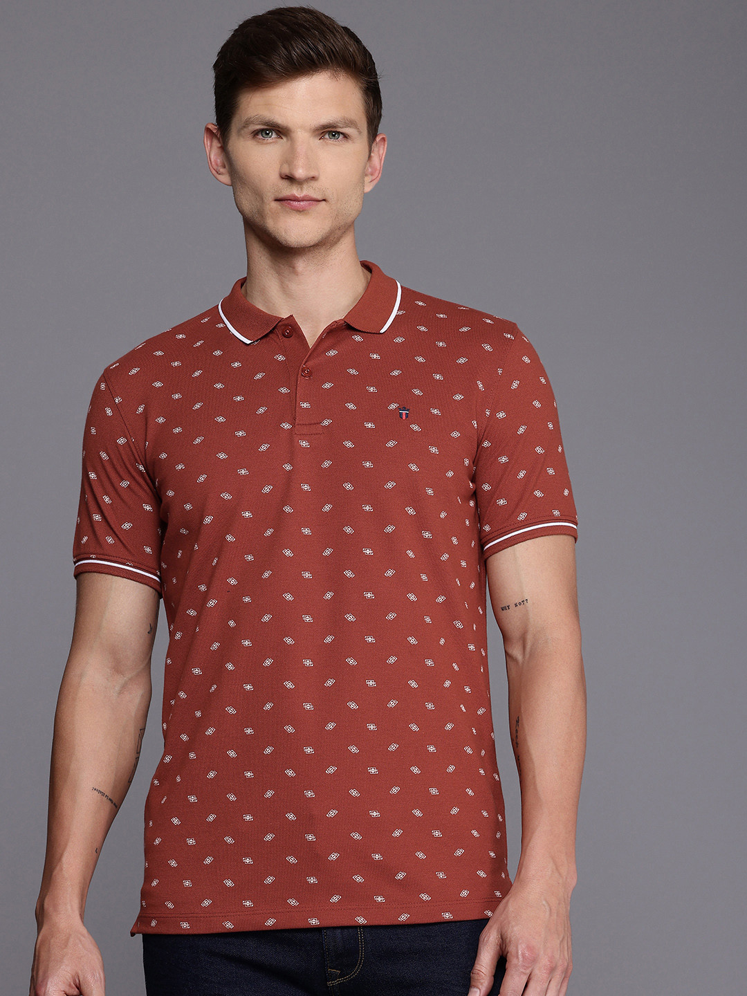 

Louis Philippe Ath.Work Geometric Printed Polo Collar Slim Fit T-shirt, Brown