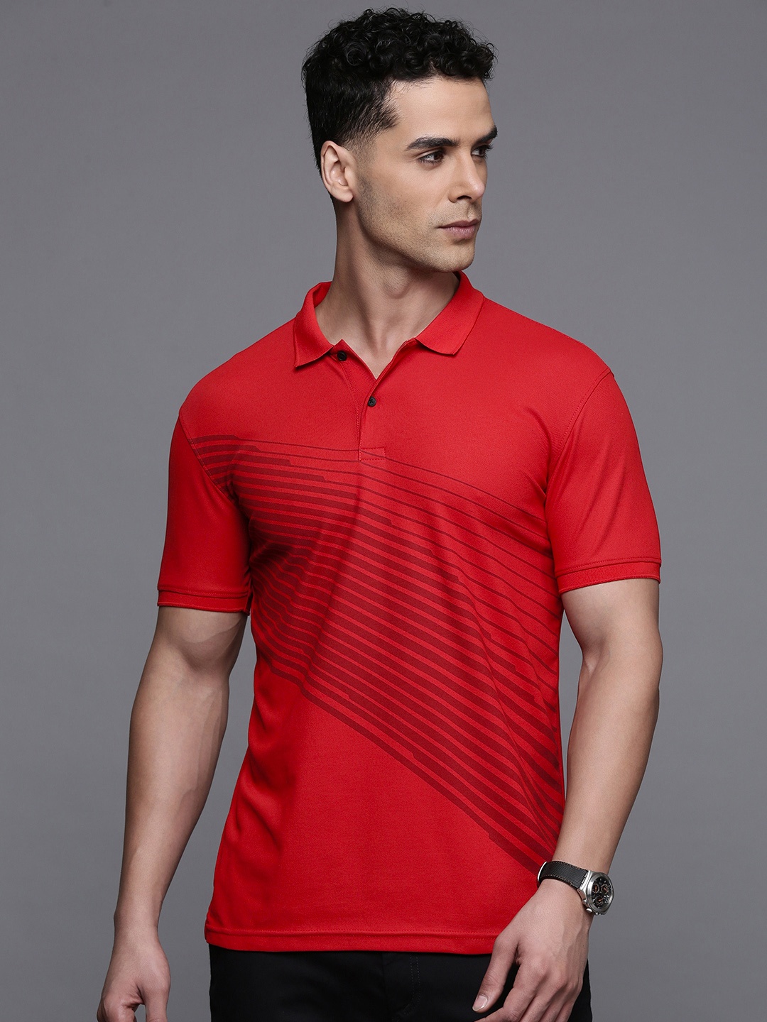 

Louis Philippe Ath.Work Striped Polo Collar Slim Fit T-shirt, Red