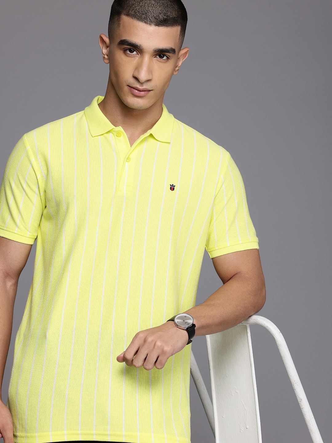 

Louis Philippe Ath.Work Striped Polo Collar Slim Fit T-shirt, Yellow