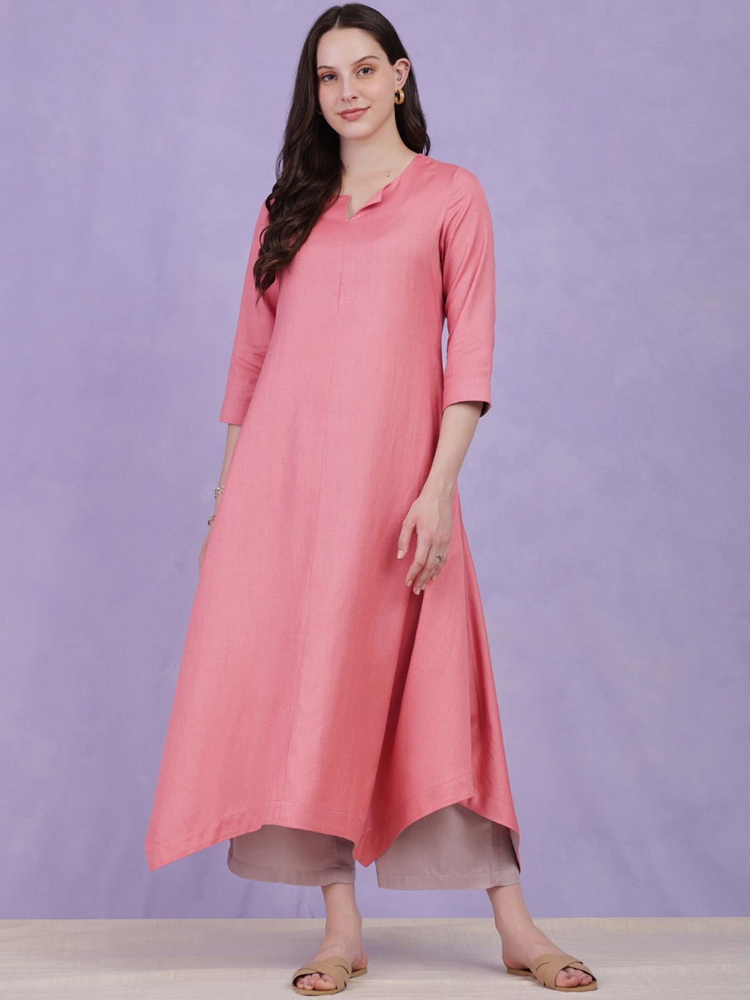 

Pink Fort Round Neck Three-Quarter Sleeves A-Line Kurta with Palazzos