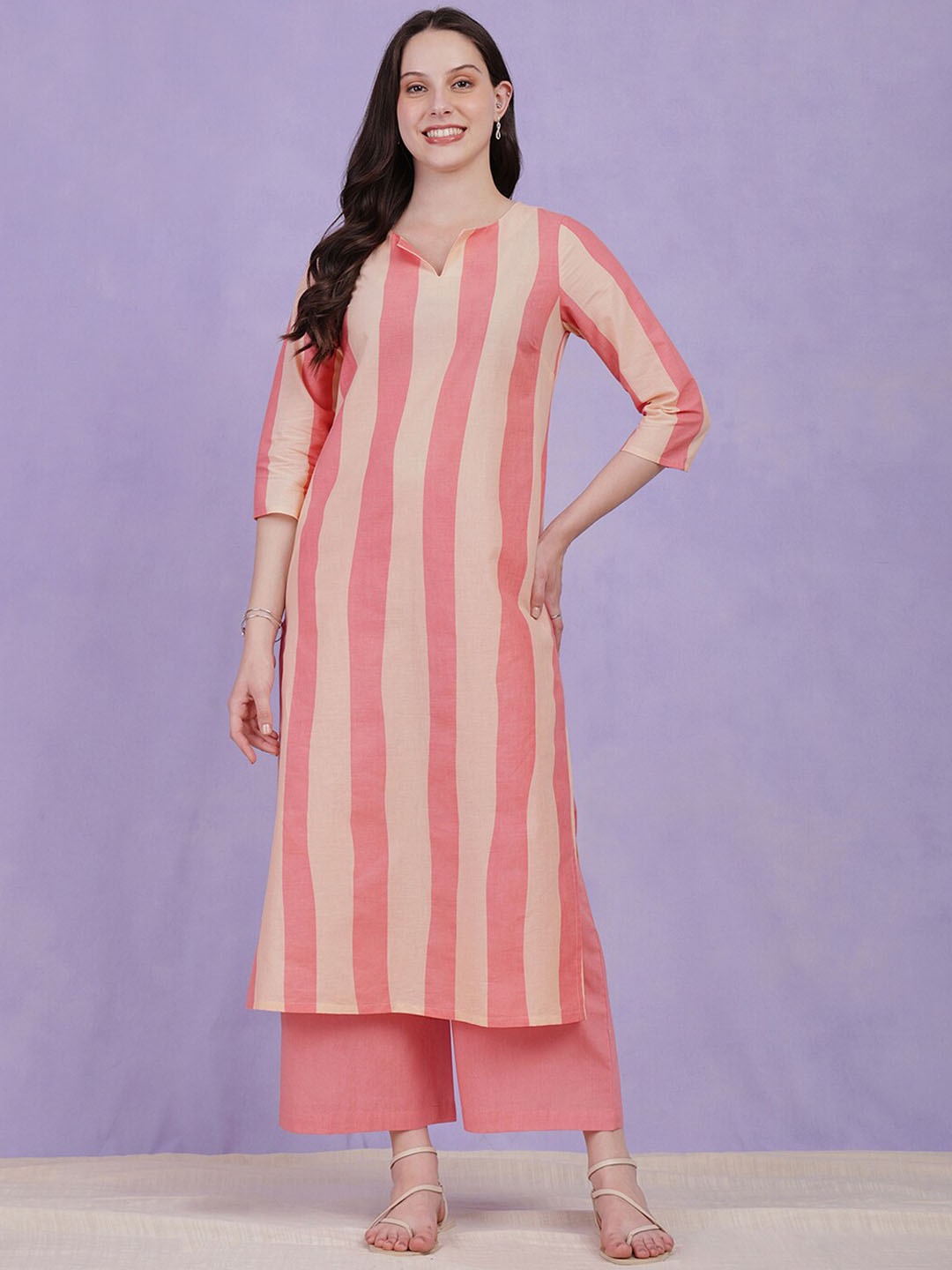 

Pink Fort Striped Round Neck Three-Quarter Sleeves Pure Cotton Kurta with Palazzos, Cream