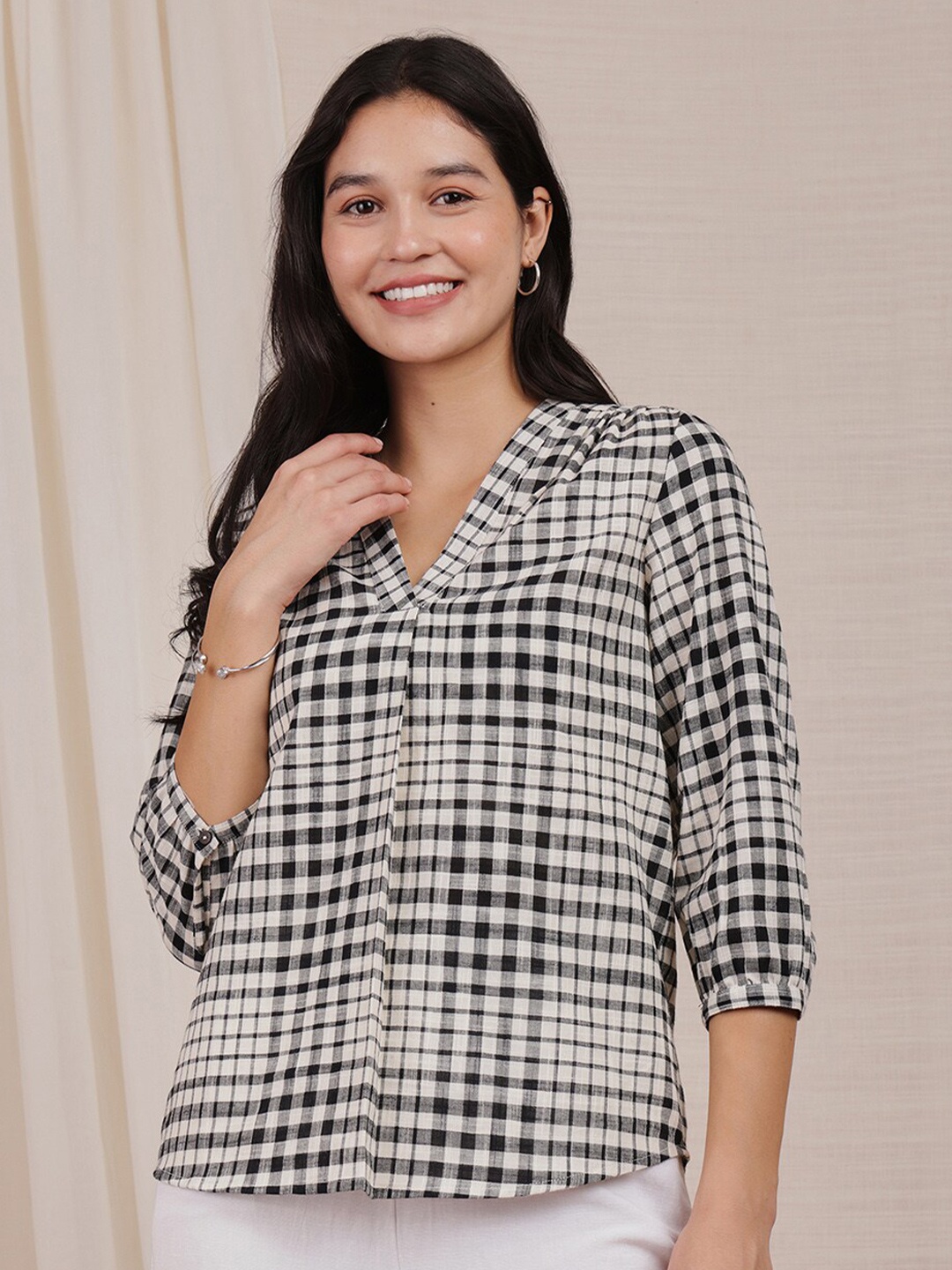 

Pink Fort Checked Cotton Shirt Style Top, Black