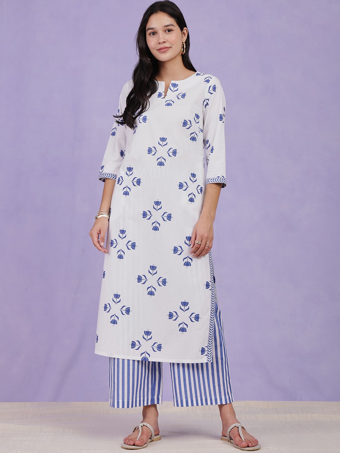 

Pink Fort Floral Printed Round Neck Pure Cotton Straight Kurta with Palazzos, Blue