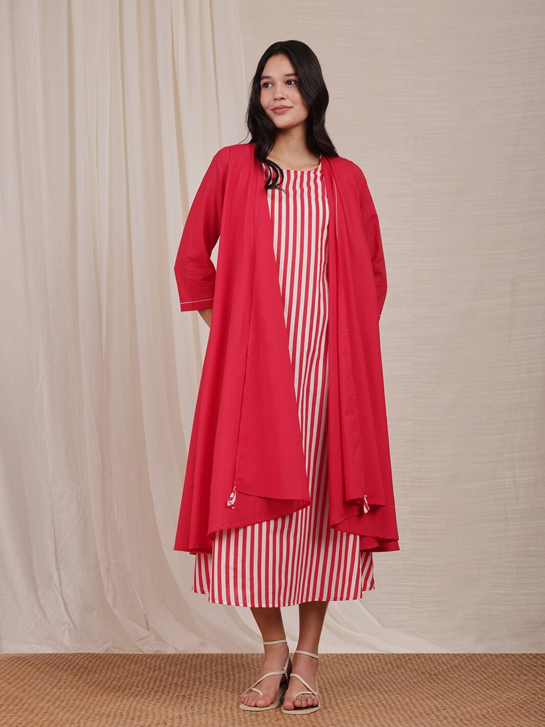 

Pink Fort Striped A-Line Midi Dress, Red