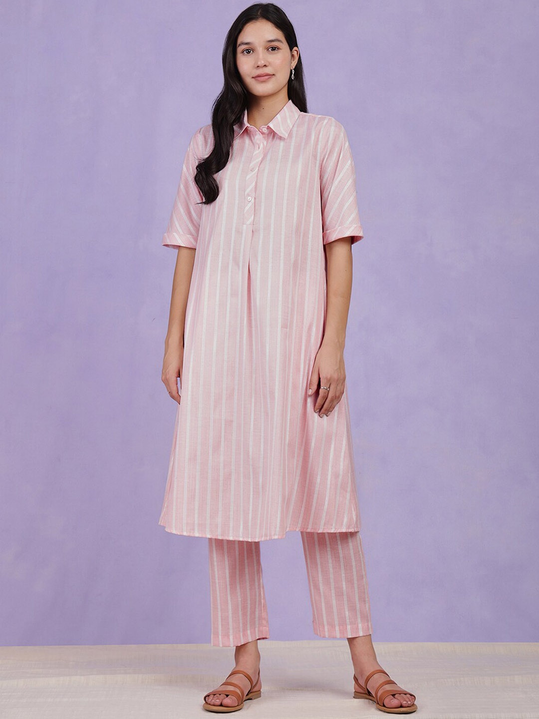 

Pink Fort Striped Shirt Collar Short Sleeves A-Line Kurta with Trousers