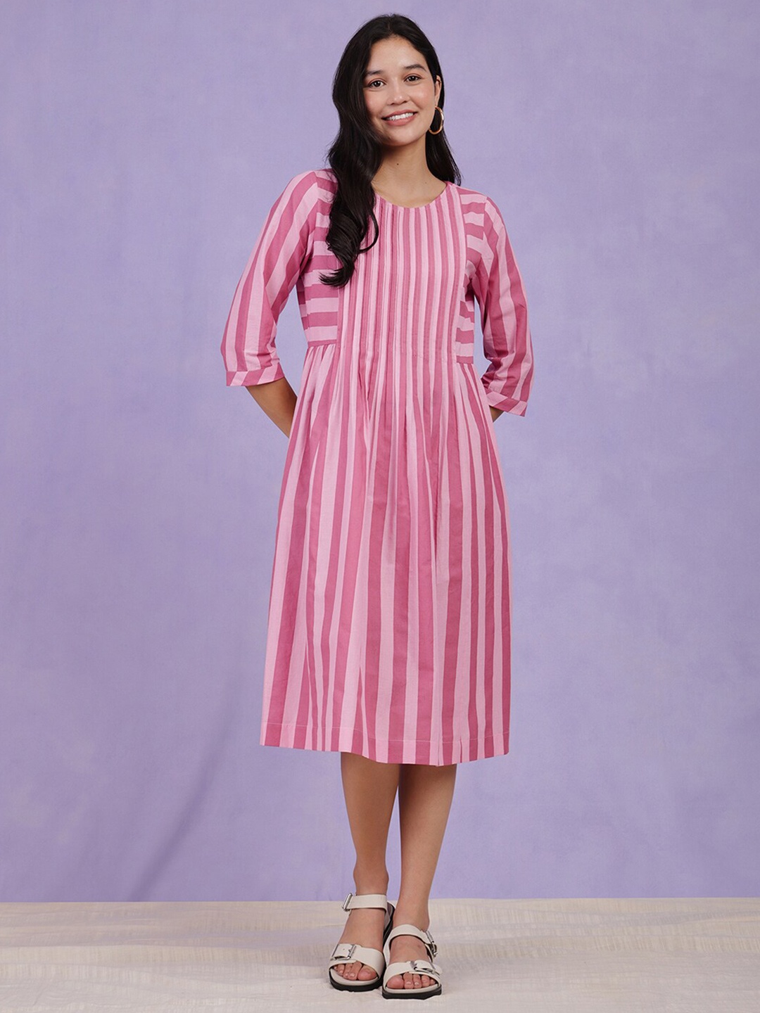 

Pink Fort Striped Fit & Flare Midi Dress