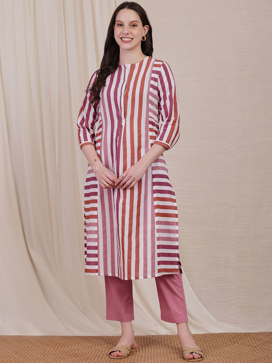 

Pink Fort Striped Round Neck Pure Cotton Straight Kurta with Trousers