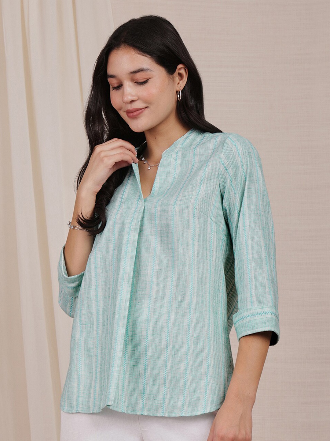 

Pink Fort Striped Mandarin Collar Top, Blue