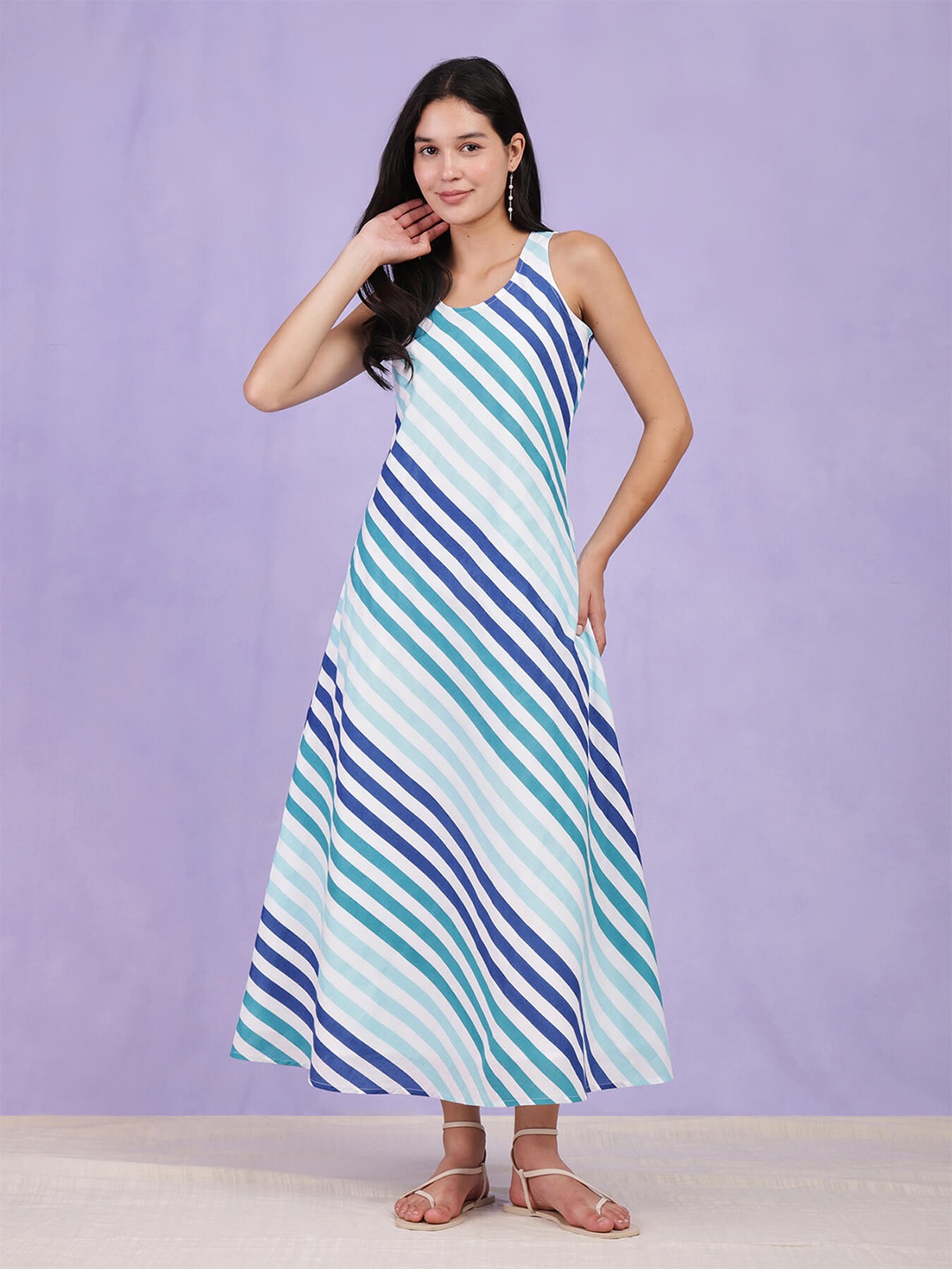 

Pink Fort Striped Sleeveless A-Line Maxi Dress, Blue