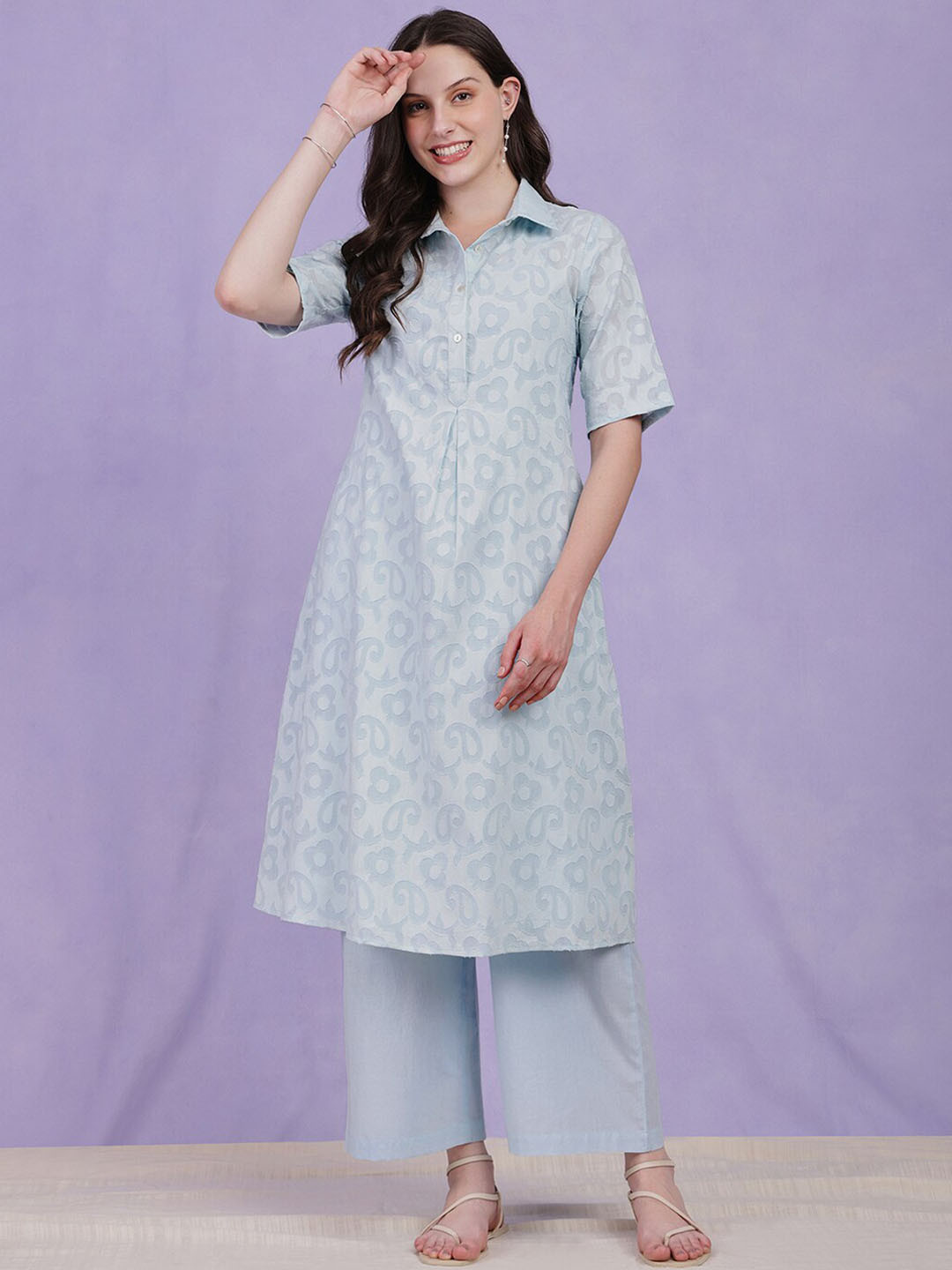 

Pink Fort Paisley Self Design Shirt Collar Short Sleeves Cotton A-Line Kurta with Trousers, Blue