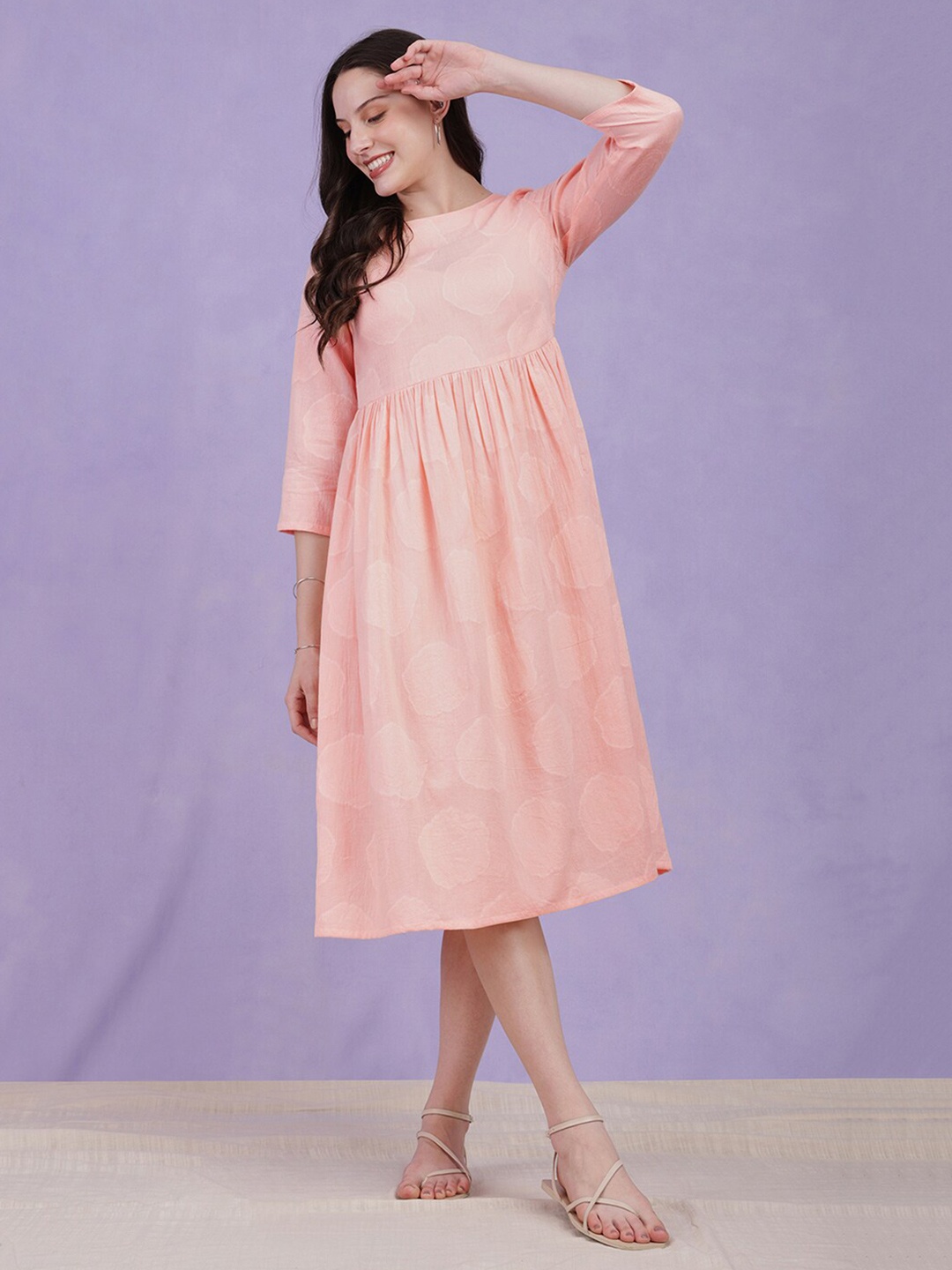 

Pink Fort Ethnic Motifs Printed Empire Midi Dress, Peach