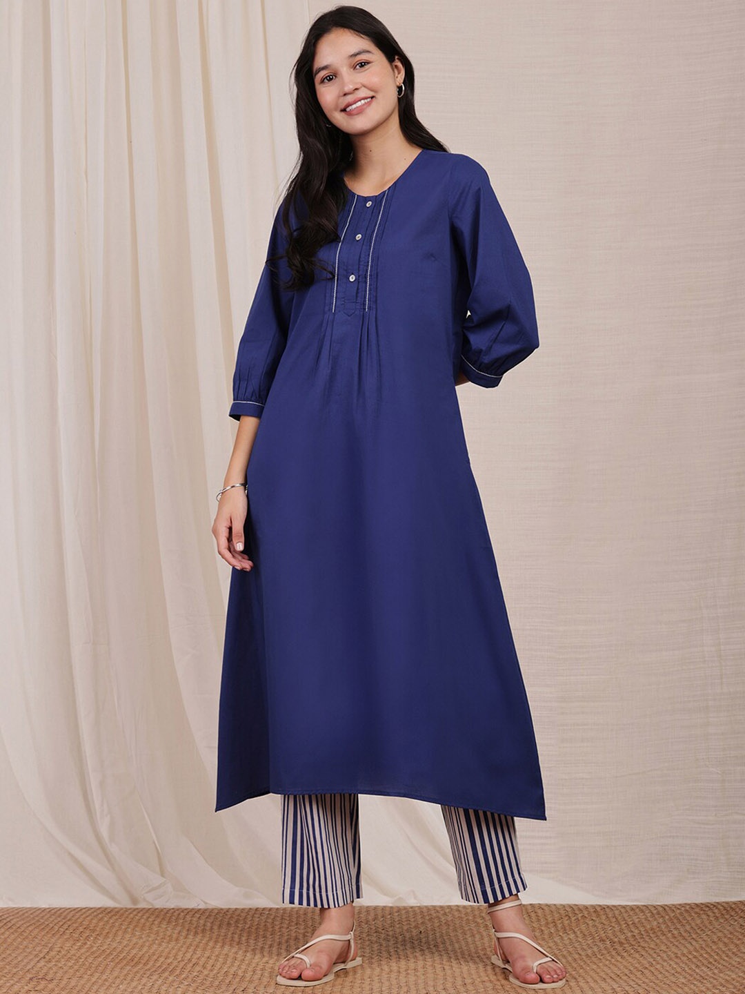 

Pink Fort Round Neck Puff Sleeves Striped Pure Cotton A Line Kurta with Trouser, Navy blue