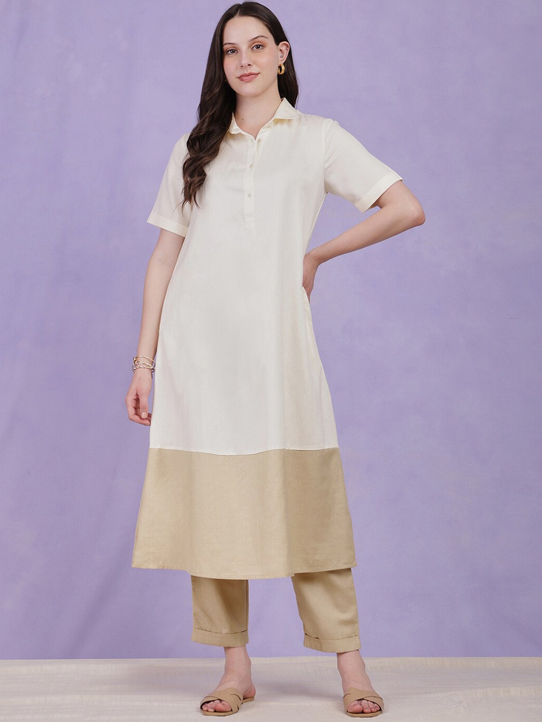 

Pink Fort Shirt Collar Short Sleeves Colourblocked A Line Kurta with Trouser, Cream
