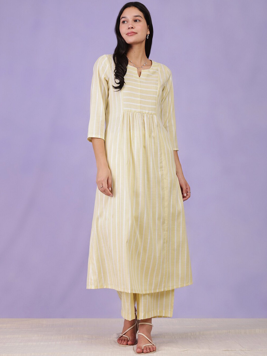 

Pink Fort Notched Neck Striped A Line Kurta with Palazzo, Yellow