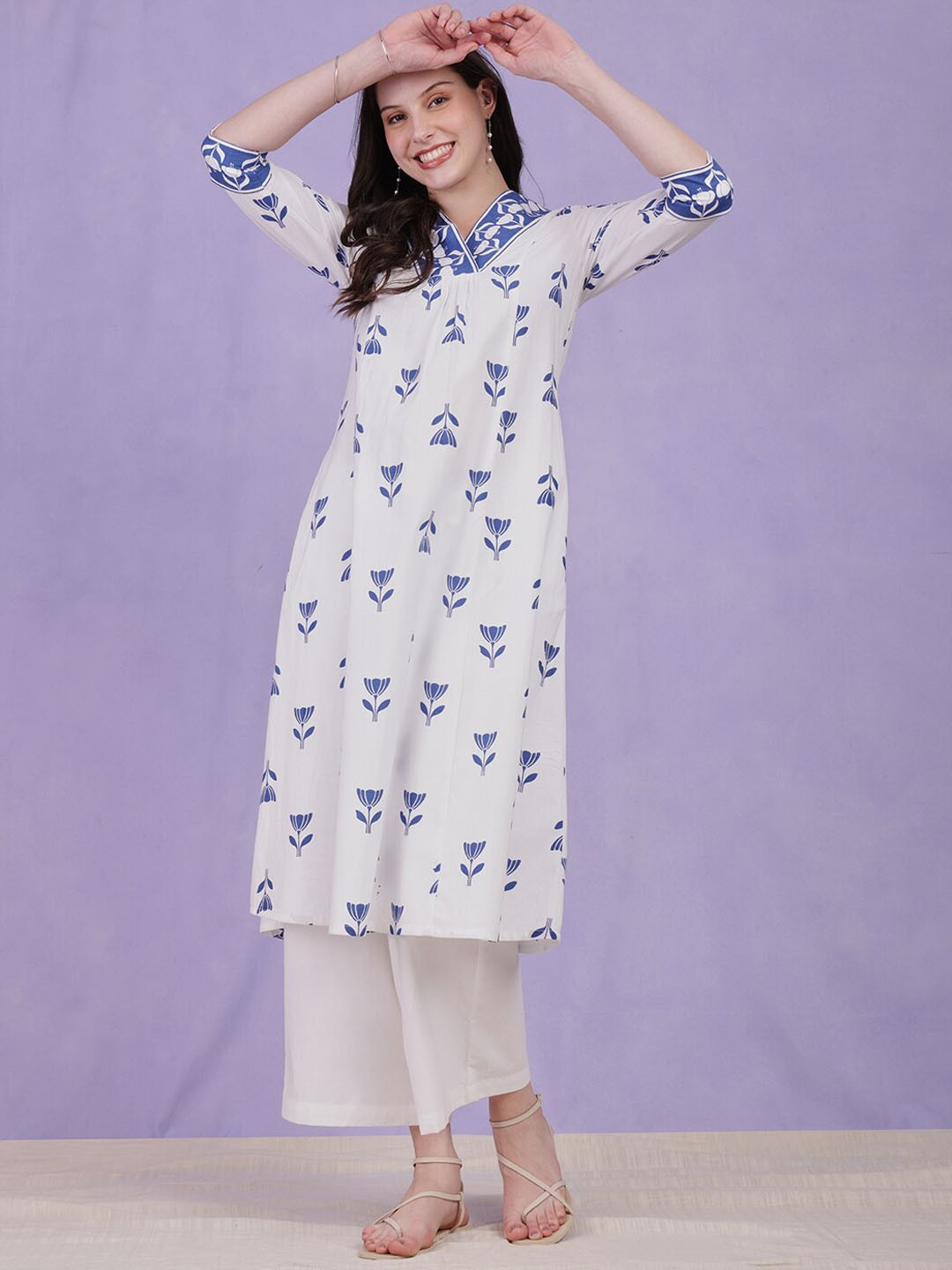 

Pink Fort V Neck Floral Printed Regular Pure Cotton A Line Kurta with Palazzo, Blue