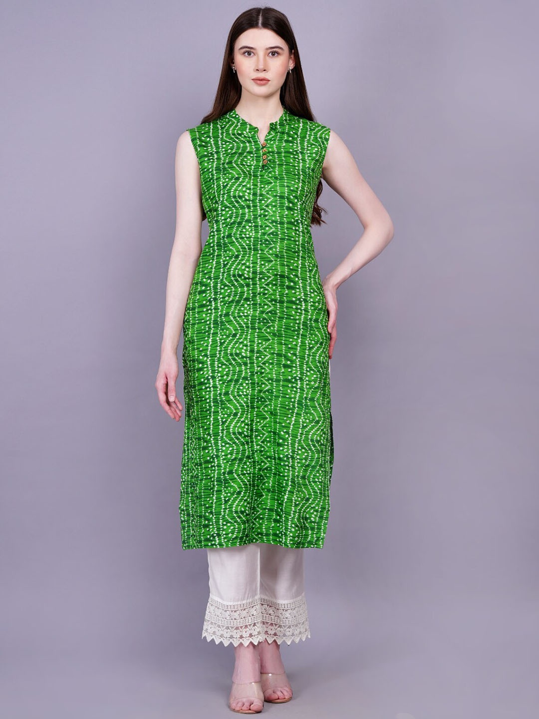 

KALINI Bandhani Printed Mandarin Collar Sleeveless Straight Kurta, Green