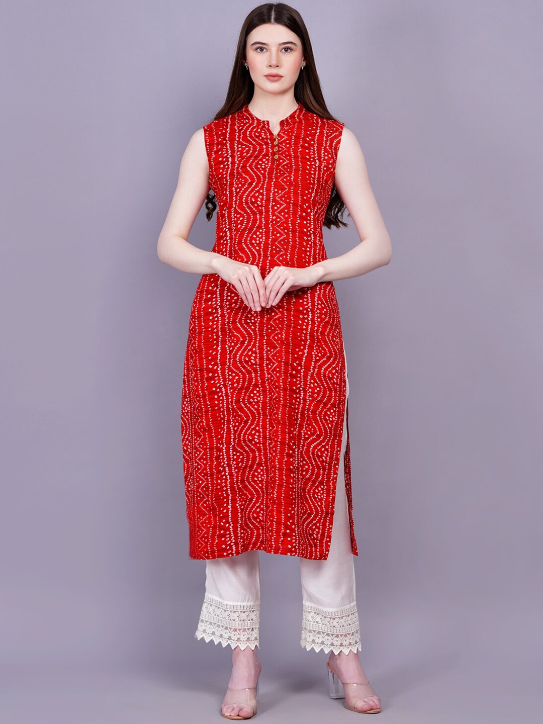 

KALINI Bandhani Printed Mandarin Collar Sleeveless Straight Kurta, Red
