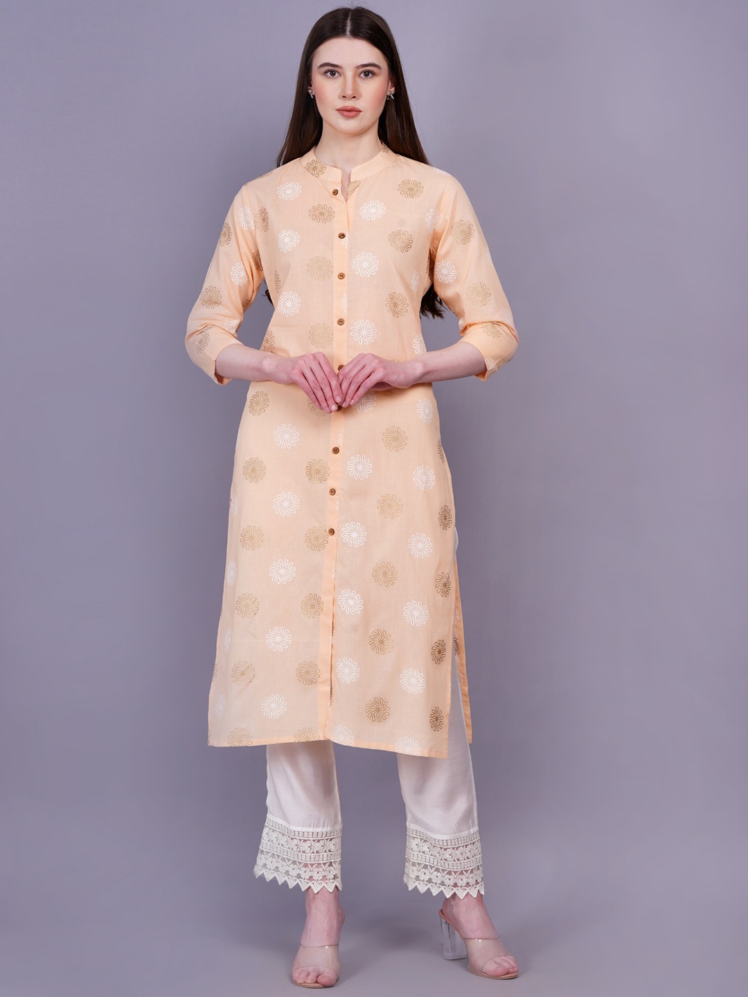 

KALINI Floral Printed Mandarin Collar Cotton Straight Kurta, Peach