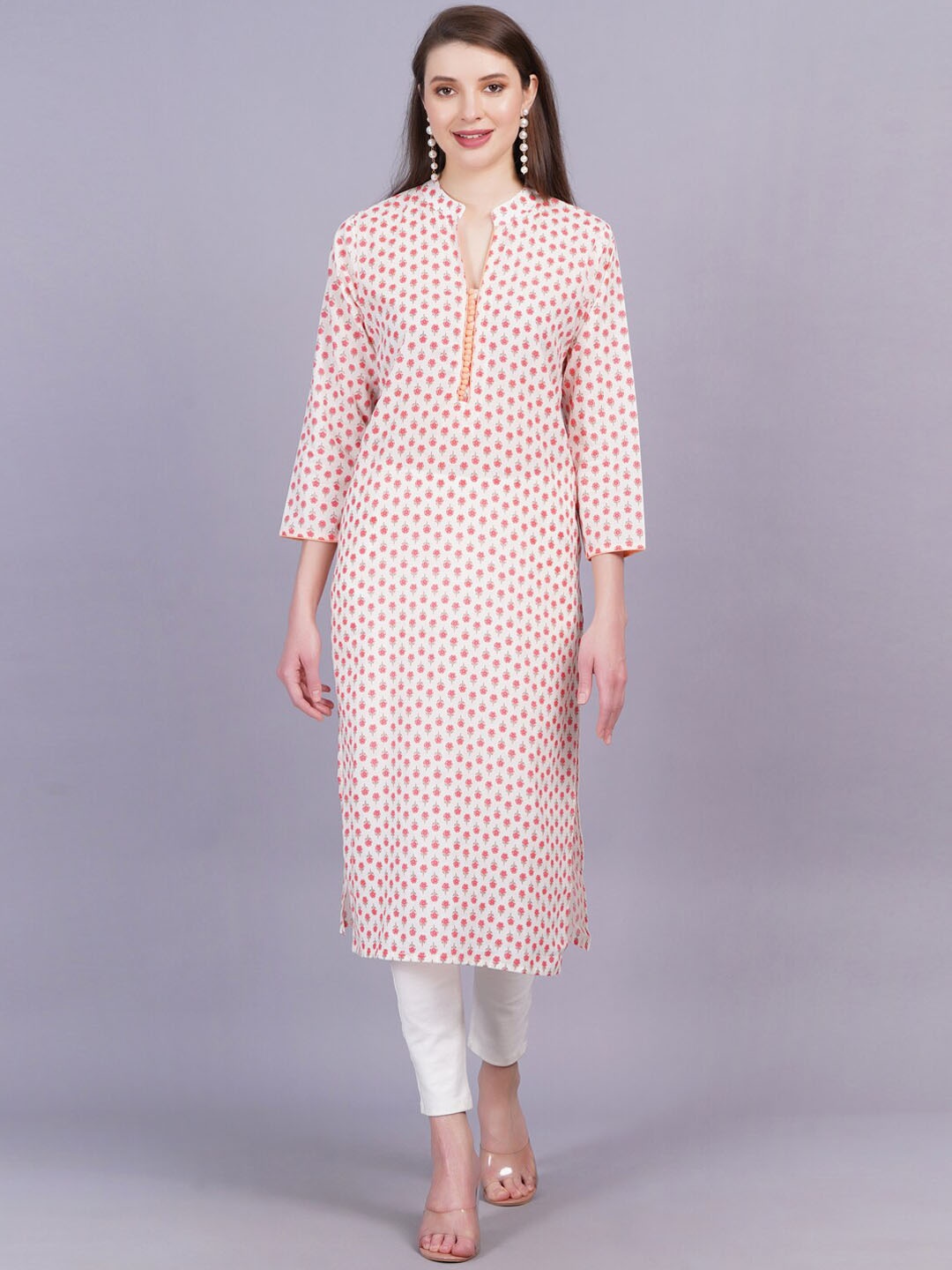

KALINI Ethnic Motifs Printed Mandarin Collar Straight Kurta, Off white