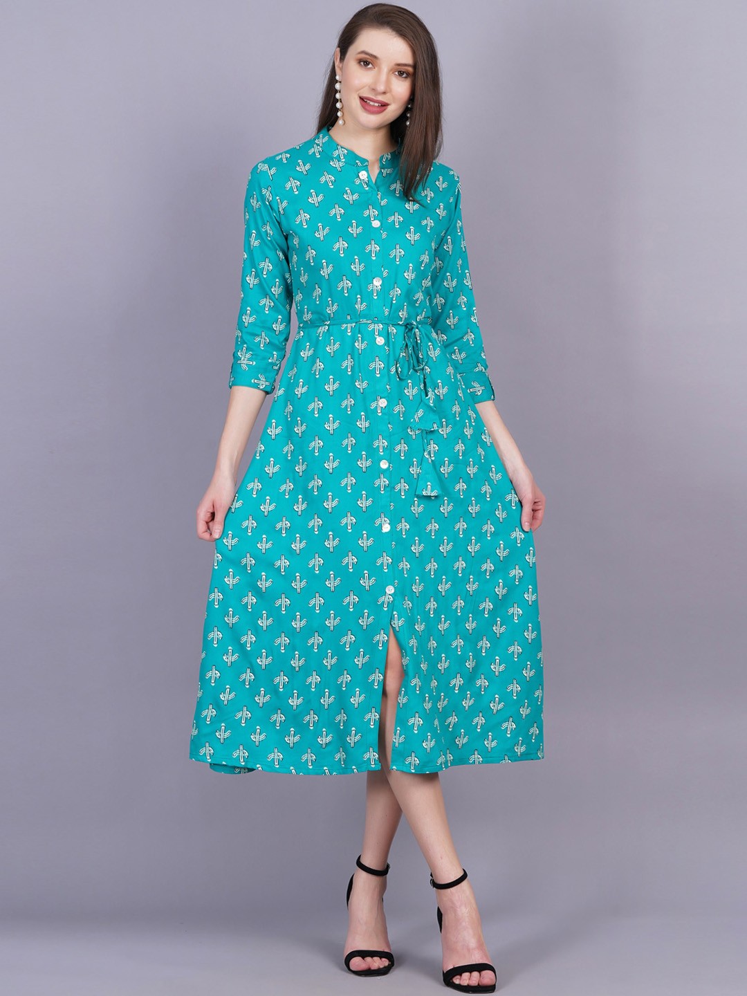 

KALINI Ethnic Motifs Printed Mandarin Collar Tie-Ups Detail A-Line Midi Kurta, Blue