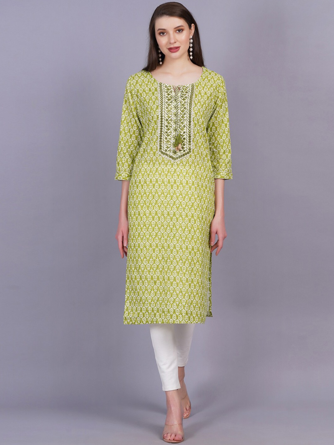 

KALINI Ethnic Motifs Printed Thread & Mirror Work Cotton Straight Kurta, Green