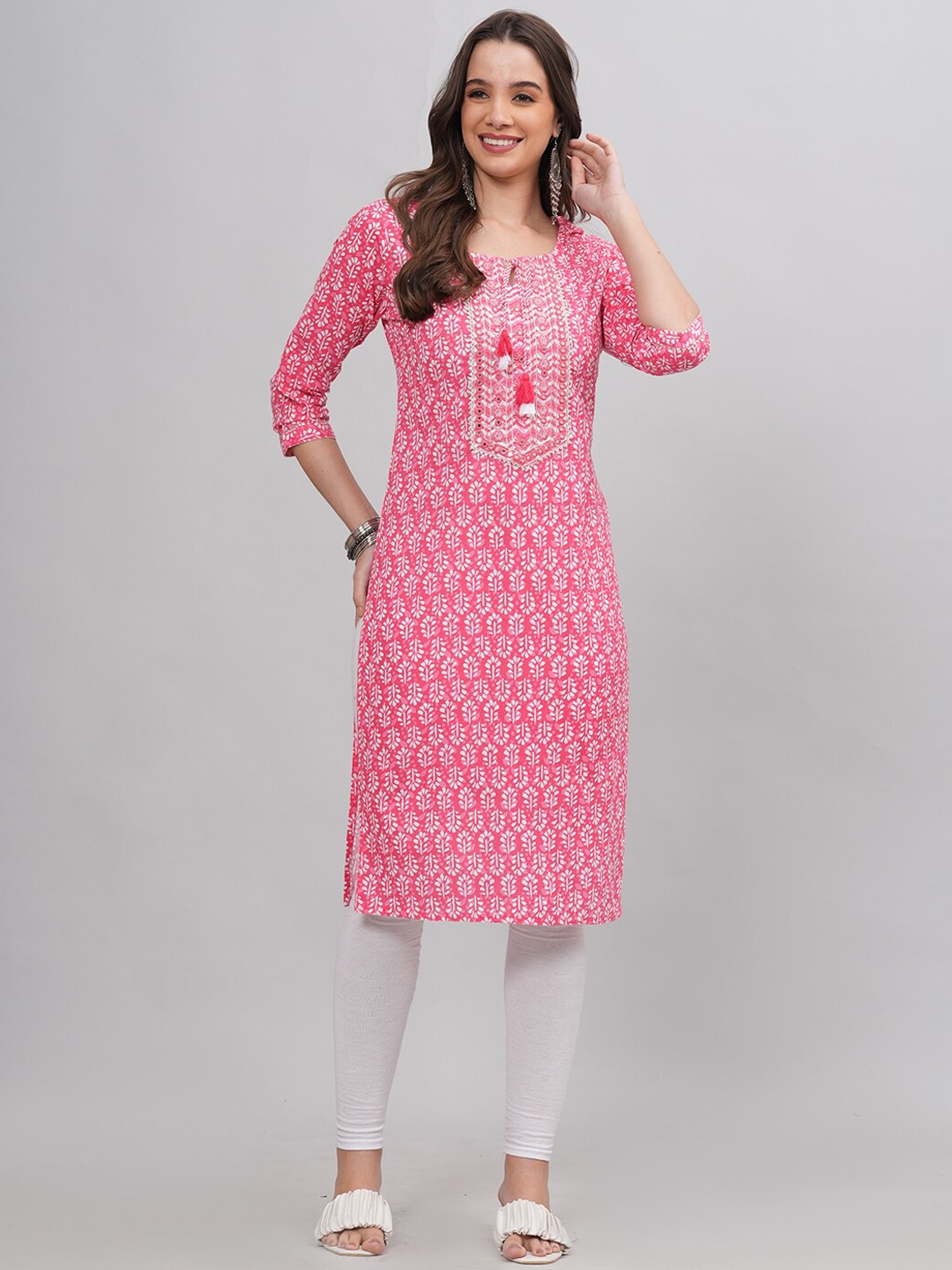 KALINI Ethnic Motifs Printed Tie-Up Neck Mirror Work Detailed Cotton Straight Kurta, Pink