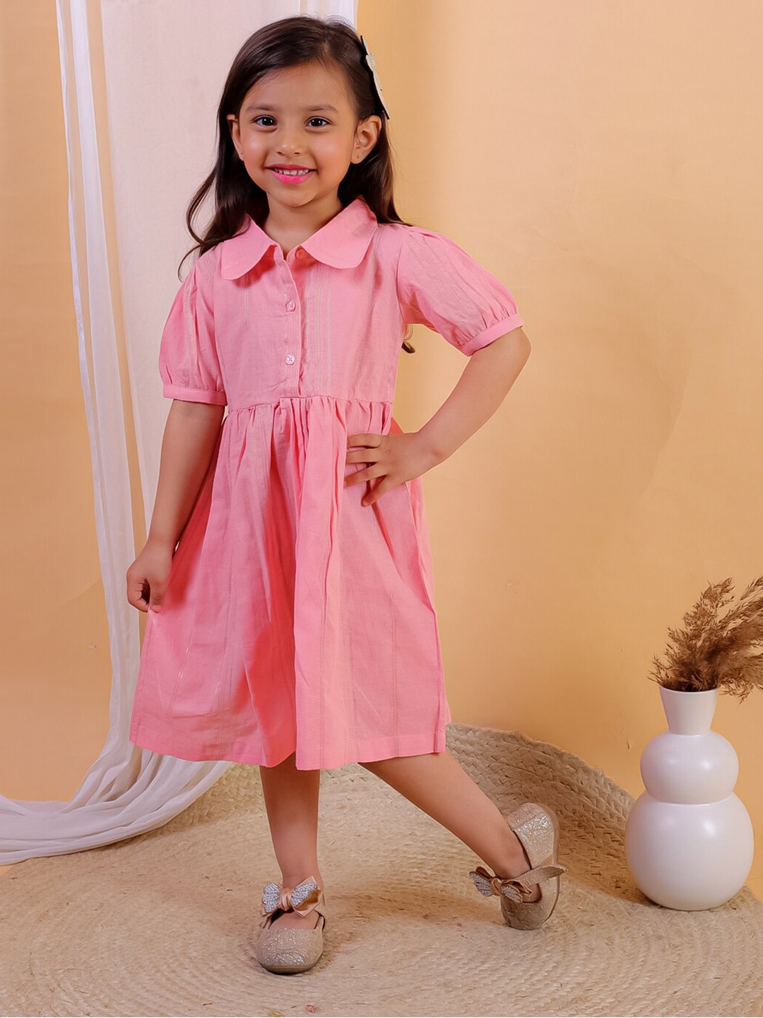 

JUNITOS Girls Cotton Shirt Collar Flared Shirt Dress, Orange