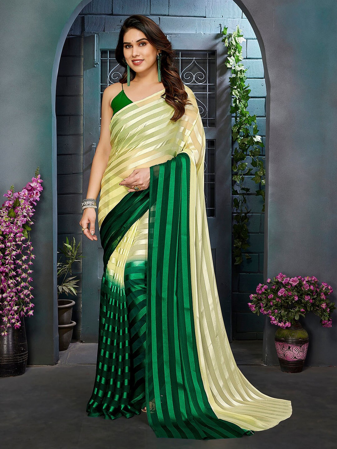 

ANAND SAREES Striped Satin Saree, Green